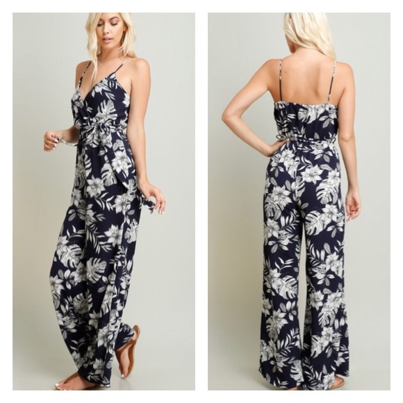 Navy and Tan Floral Jumpsuit - Picture 3 of 3